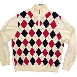 Brooks Brothers Sz XL  100% Pima Cotton 1/4 Zip Pullover Argyle Red Blue White